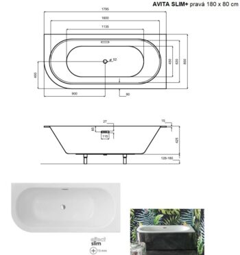 BESCO - Asymetrická vaňa AVITA SLIM+ - Nožičky k vani - Bez nožičiek, Rozmer vane - 180 × 80 cm, Spôsob prevedenia - Pravé VANAVIT18SLIMPP