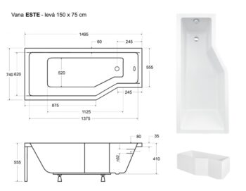 BESCO - Asymetrická vaňa ESTE - Nožičky k vani - Bez nožičiek, Rozmer vane - 150 × 75 cm, Spôsob prevedenia - Ľavé VANEST15L