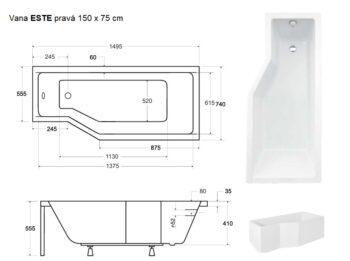 BESCO - Asymetrická vaňa ESTE - Rozmer vane - 150 × 75 cm, Spôsob prevedenia - Pravé VANEST15P + OLVPINOZ