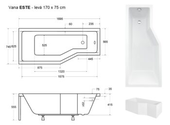 BESCO - Asymetrická vaňa ESTE - Rozmer vane - 170 × 75 cm, Spôsob prevedenia - Ľavé VANEST17L + OLVPINOZ