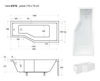 BESCO - Asymetrická vaňa ESTE - Rozmer vane - 170 × 75 cm, Spôsob prevedenia - Pravé VANEST17P + OLVPINOZ