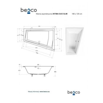 BESCO - Asymetrická vaňa INTIMA DUO SLIM - Nožičky k vani - Bez nožičiek, Rozmer vane - 180 × 125 cm, Spôsob prevedenia - Pravé VANINTID18SLIMP