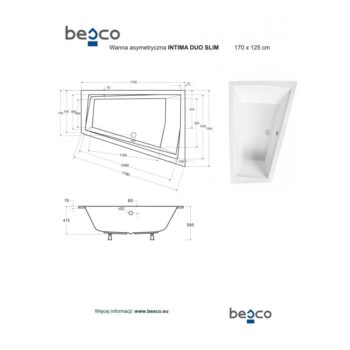 BESCO - Asymetrická vaňa INTIMA DUO SLIM - Nožičky k vani - Bez nožičiek, Rozmer vane - 180 × 125 cm, Spôsob prevedenia - Pravé VANINTID18SLIMP