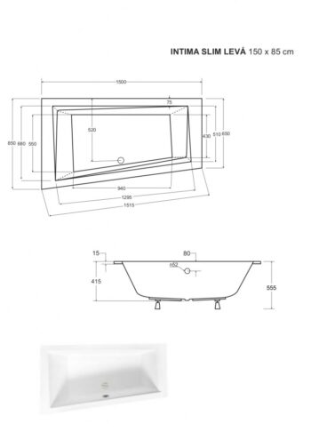 BESCO - Asymetrická vaňa INTIMA SLIM - Nožičky k vani - S nožičkami, Rozmer vane - 150 × 85 cm, Spôsob prevedenia - Ľavé VANINTI15SLIML + OLVPINOZSTELI