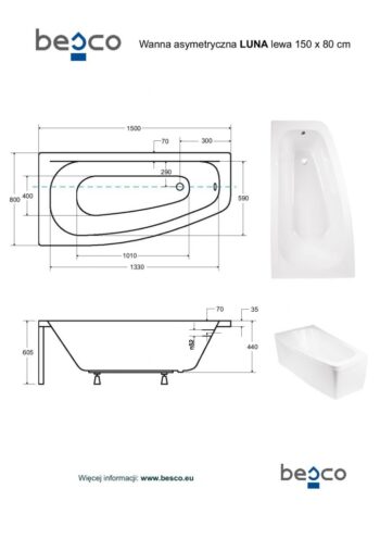 BESCO - Asymetrická vaňa LUNA - Nožičky k vani - S nožičkami, Rozmer vane - 150 × 80 cm, Spôsob prevedenia - Ľavé VANLUN150L + OLVPINOZ