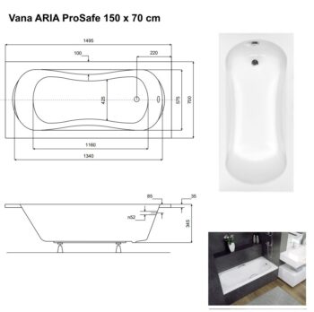 BESCO - Obdĺžniková vaňa ARIA PROSAFE - Nožičky k vani - Bez nožičiek, Rozmer vane - 150 × 70 cm VANARIA150PROS