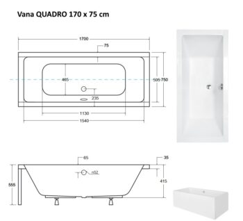 BESCO - Obdĺžniková vaňa QUADRO - Nožičky k vani - Bez nožičiek, Rozmer vane - 170 × 75 cm VANQAUD170