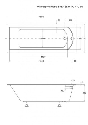 BESCO - Obdĺžniková vaňa SHEA SLIM - Nožičky k vani - S nožičkami, Rozmer vane - 170 × 70 cm VANSHEA170SLIM + OLVPINOZ