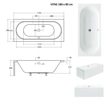 BESCO - Obdĺžniková vaňa VITAE - Nožičky k vani - Bez nožičiek, Rozmer vane - 180 × 80 cm VANVITAE180