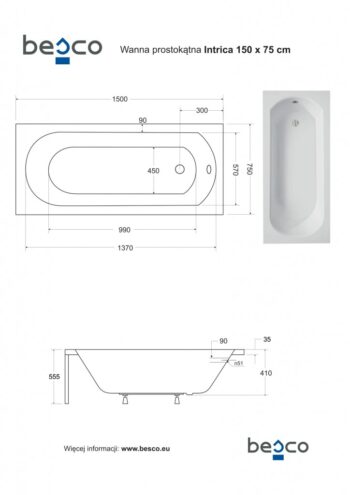 BESCO - Obdĺžniková vaňa intrige - Nožičky k vani - S nožičkami, Rozmer vane - 150 × 75 cm VANINTRICA150 + OLVPINOZ