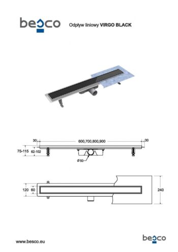 BESCO - Odtokový žľab VIRGO BLACK - Rozmer A - 90 cm ZLOL90VBL
