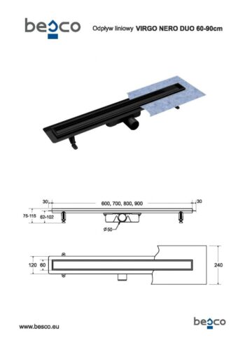 BESCO - Odtokový žľab VIRGO NERO DUO - Rozmer A - 60 cm ZLOL60VN