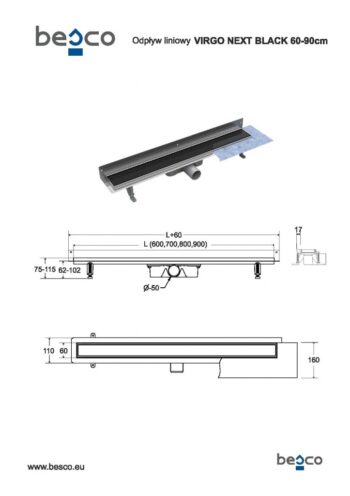 BESCO - Odtokový žľab VIRGO NEXT BLACK - Rozmer A - 70 cm ZLOL70VNB