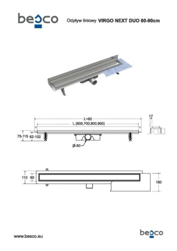 BESCO - Odtokový žľab VIRGO NEXT DUO - Rozmer A - 60 cm ZLOL60VND