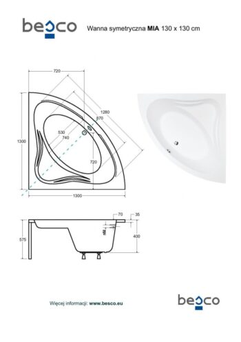 BESCO - Rohová vaňa MIA - Nožičky k vani - S nožičkami, Rozmer vane - 130 × 130 cm VANMIA130 + OLVPINOZ