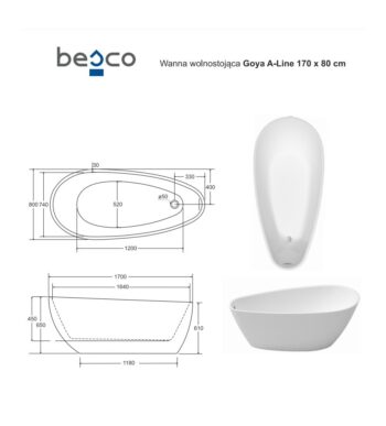 BESCO - Voľne stojaca vaňa GOYA A-LINE biela - Farba - Biela, Farba sifónu - Zlatá, Rozmer vane - 170 × 80 cm VANGOYAA170Z