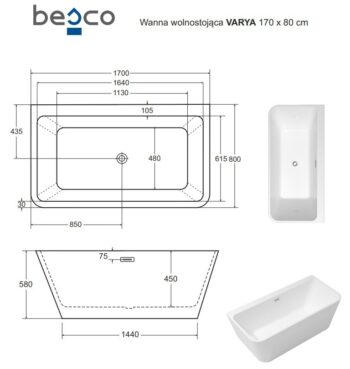 BESCO - Voľne stojaca vaňa VARYA biela - Farba - Biela, Farba sifónu - Zlatá, Rozmer vane - 170 × 80 cm VANVARYA170Z