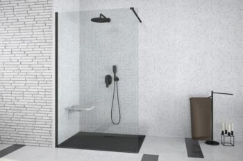 BESCO - Walk-in sprchovací kút AVEO BLACK - Farba rámu zásteny - Hliník čierny, Pevná stena - Bez pevnej steny, Rozmer A - 100, Rozmer C - 195, Výplň - Číre bezpečnostné sklo - 8 mm BCAVEO100BL