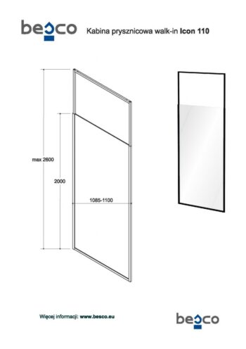 BESCO - Walk-in sprchovací kút ICON - Farba rámu zásteny - Hliník čierny, Rozmer A - 110, Rozmer C - 200, Smer zatváranie - Univerzálny Ľavé / Pravé, Výplň - Číre bezpečnostné sklo - 8 mm BCICON11BC