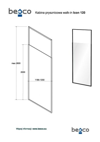 BESCO - Walk-in sprchovací kút ICON - Farba rámu zásteny - Hliník čierny, Rozmer A - 120, Rozmer C - 200, Smer zatváranie - Univerzálny Ľavé / Pravé, Výplň - Číre bezpečnostné sklo - 8 mm BCICON12BC