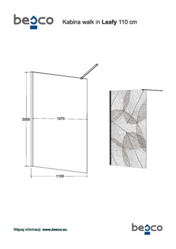 BESCO - Walk-in sprchovací kút Leaf - Farba rámu zásteny - Hliník čierny, Rozmer A - 110, Rozmer C - 200, Smer zatváranie - Univerzálny Ľavé / Pravé, Výplň - Maľované bezpečnostné sklo - 8 mm BCLEAFY110