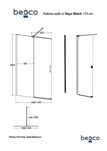 BESCO - Walk-in sprchovací kút VAYO BLACK - Farba rámu zásteny - Hliník čierny, Rozmer A - 110, Rozmer C - 200, Smer zatváranie - Univerzálny Ľavé / Pravé, Výplň - Číre bezpečnostné sklo - 8 mm BCVAYO110BC