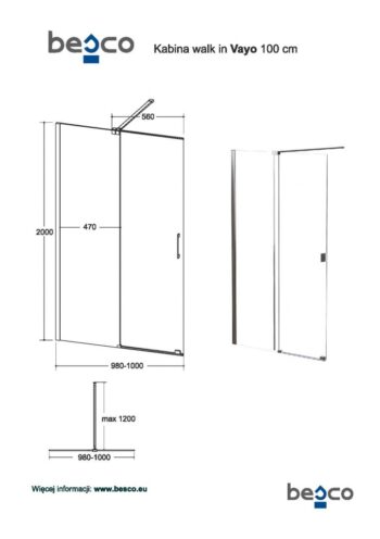 BESCO - Walk-in sprchovací kút VAYO - Farba rámu zásteny - Hliník chróm, Rozmer A - 100, Rozmer C - 200, Smer zatváranie - Univerzálny Ľavé / Pravé, Výplň - Číre bezpečnostné sklo - 8 mm BCVAYO100CC