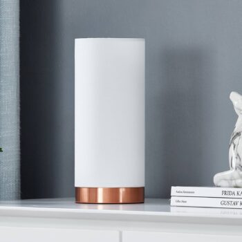 Biela stolná lampa Ronja podstavec medenej farby