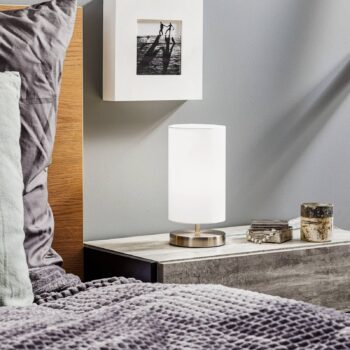 Biela textilná stolná lampa Clarie