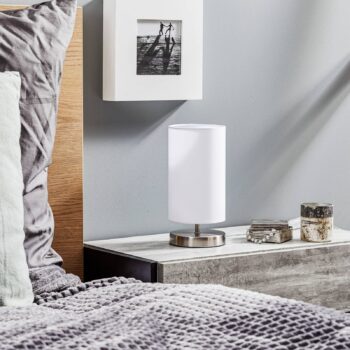 Biela textilná stolná lampa Clarie