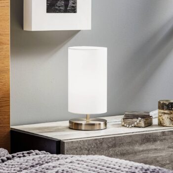 Biela textilná stolná lampa Clarie