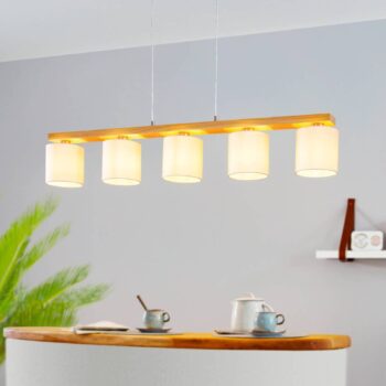 Castralvo závesná lampa, dĺžka 115 cm, drevo/biela, 5 svetiel, látka