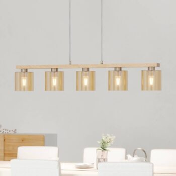 Castralvo závesná lampa, dĺžka 115 cm, drevo/jantár, 5 svetiel, sklo
