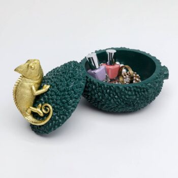 Dekoratívna krabička KARE Chameleón, výška 20 cm, tmavozelená, zlatá