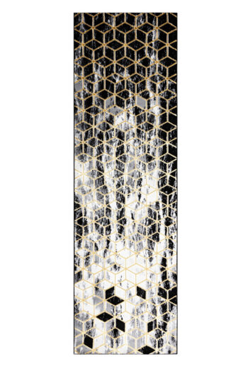 Dywany Łuszczów, Behúň Gloss 409A 82 3D cubes black/gold/grey, 60x300, čierna, obývacia izba