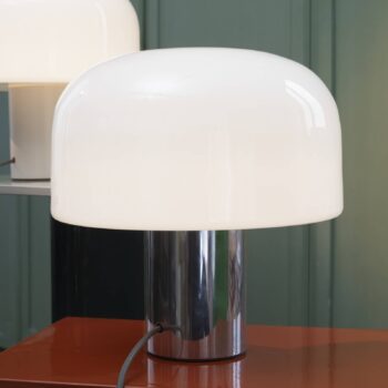 FLOS Bellhop Glass T stolová lampa, farba hliníka, výška 34 cm