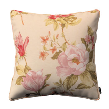 Gabika so šnúrkou, obliečka na vankúš, výrazný vzor ružovozelené kvety na ľanovom podklade , 60 x 60 cm, Londres, 143-87