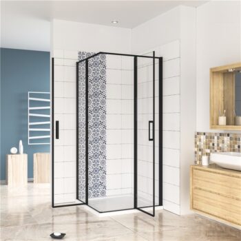 H K - Štvorcový sprchovací kút BLACK SAFIR R808, 80x80, s dvomi jednokrídlovými dverami s pevnou stenou, rohový vstup SE-BLACKSAFIRR808
