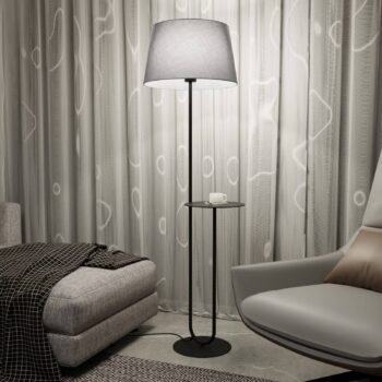 Hotelová stojacia lampa, sivá/čierna, výška 150 cm, látka/kov