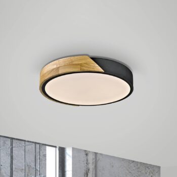 JUST LIGHT. Stropné LED svietidlo Bila, čierne, Ø 32 cm, drevo