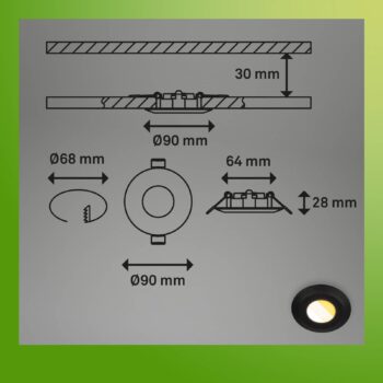 Klira vstavané LED svetlo, čierne, Ø 9cm, IP44, stmievateľné, 3 jednotky