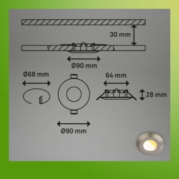 Klira vstavané LED svetlo, matný nikel, Ø9cm, IP44, stmievateľné, 3