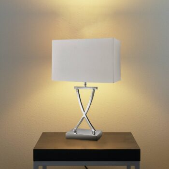 Klubová stolová lampa, chróm/biela, výška 35,5 cm, textil, E14