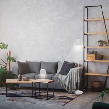 LED akumulátorová stojaca lampa Brilo unplugged Riffle, biela, dotykový stmievač