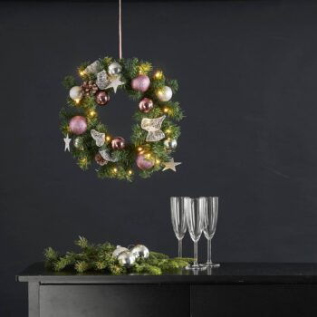 LED jedľový veniec Noel, strieborná/ružová