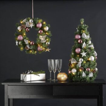 LED jedľový veniec Noel, strieborná/ružová