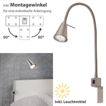 LED nástenné svetlo Tuso, nikl, montáž na posteľ, kov