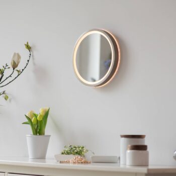 LED nástenné zrkadlo VIDRO, bronzové, Ø 26 cm, powerbanka, vypínač