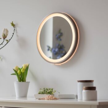 LED nástenné zrkadlo VIDRO, bronzové, Ø 36 cm, powerbanka, vypínač