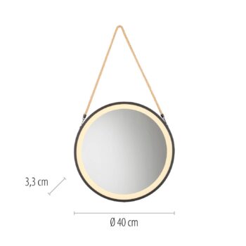 LED nástenné zrkadlo VIDRO, čierne, Ø 40 cm, powerbanka, závesné